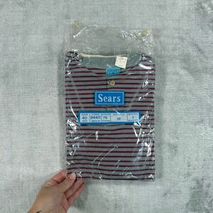Sears Shirt Mens 18 Grey Burgundy Striped Henley Vintage 80s Deadstock NOS 0753